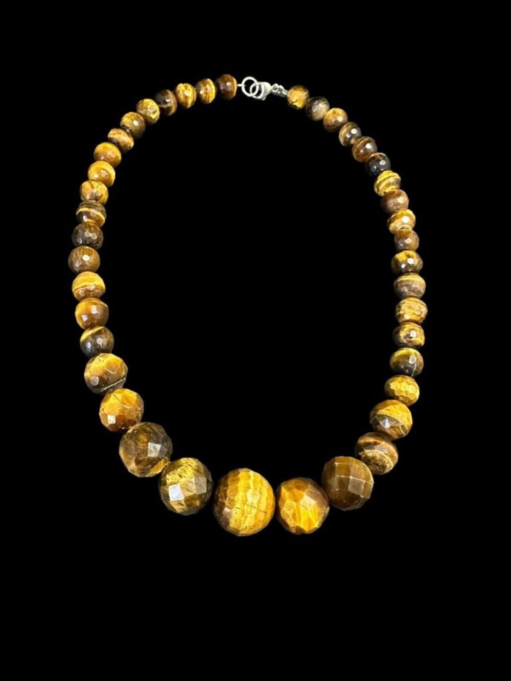 925 Faceted Tigers Eye Round Beaded Necklace Graduated Beads
